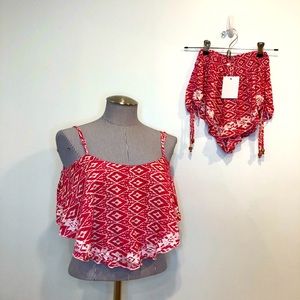 Solaris Style Size Small Crop Circle Top & Shorts Set Pink & White Print